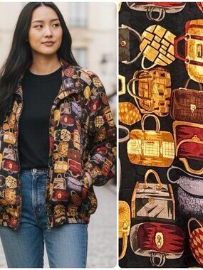 VTG 80s 100% Silk Womens Sz L Fuda International Handbag Art To Wear Jacket